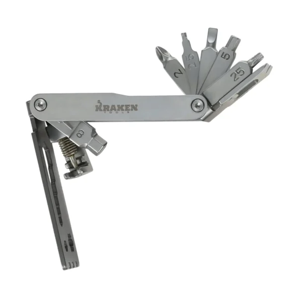 Kraken Tools 17-in-1 Stainless Steel Bicycle Multi-tool, side angle open to show all tools.