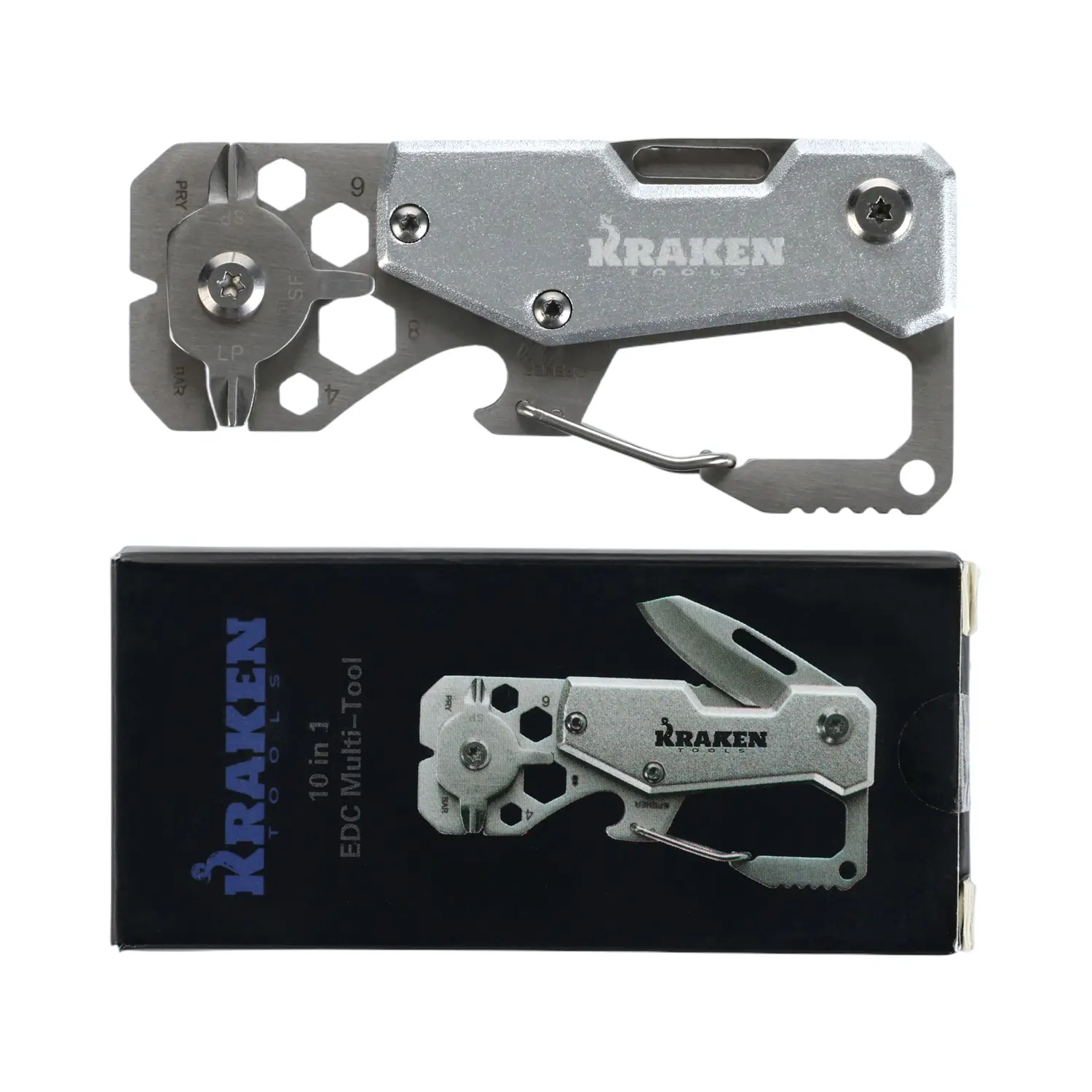Kraken Tools 10-in-1 Stainless Steel EDC Multi-tool with Carabiner