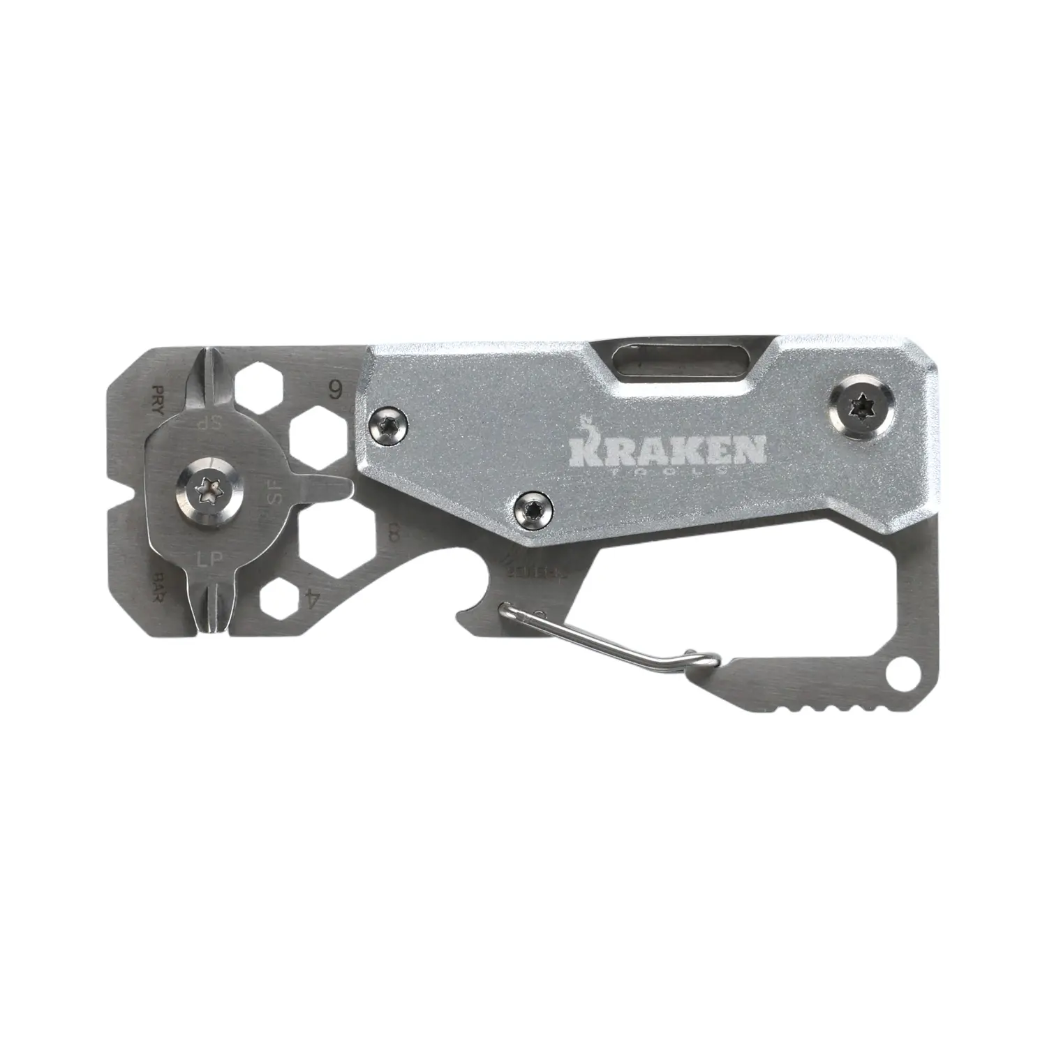 Kraken Tools 10-in-1 Stainless Steel EDC Multi-tool with Carabiner, top showing screw driver attachments saw, and carabiner.