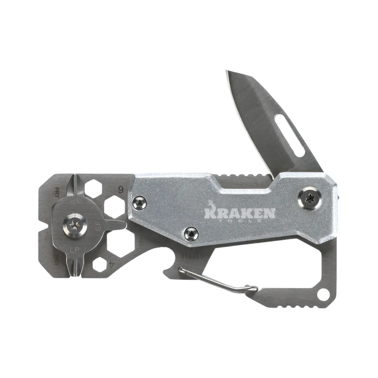 Kraken Tools 10-in-1 Stainless Steel EDC Multi-tool with Carabiner, open knife.