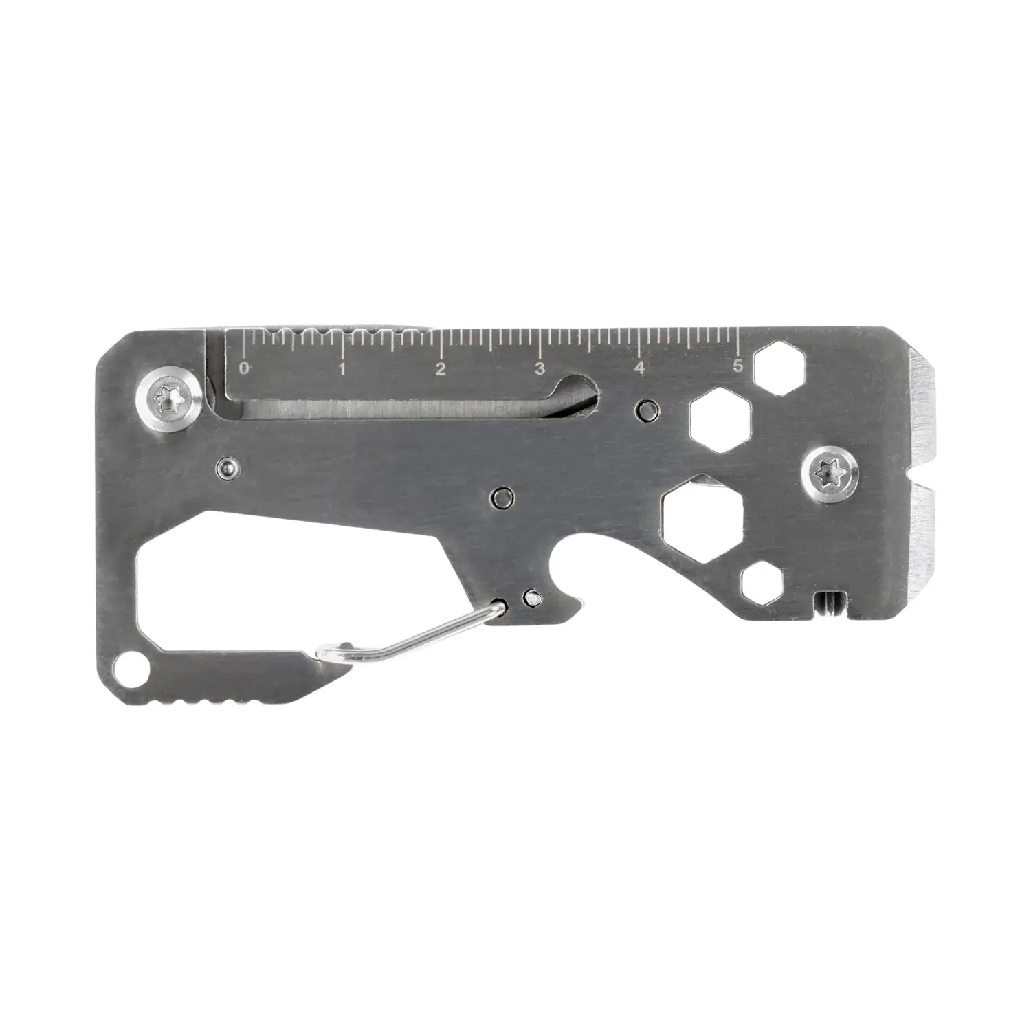 Kraken Tools 10-in-1 Stainless Steel EDC Multi-tool with Carabiner, side view with ruler, hex drivers and pry-edge
