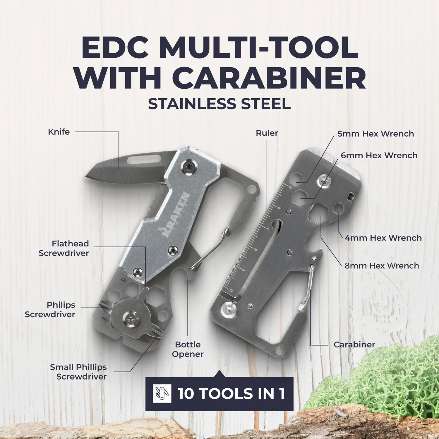 Kraken Tools 10-in-1 Stainless Steel EDC Multi-tool with Carabiner tool listing.