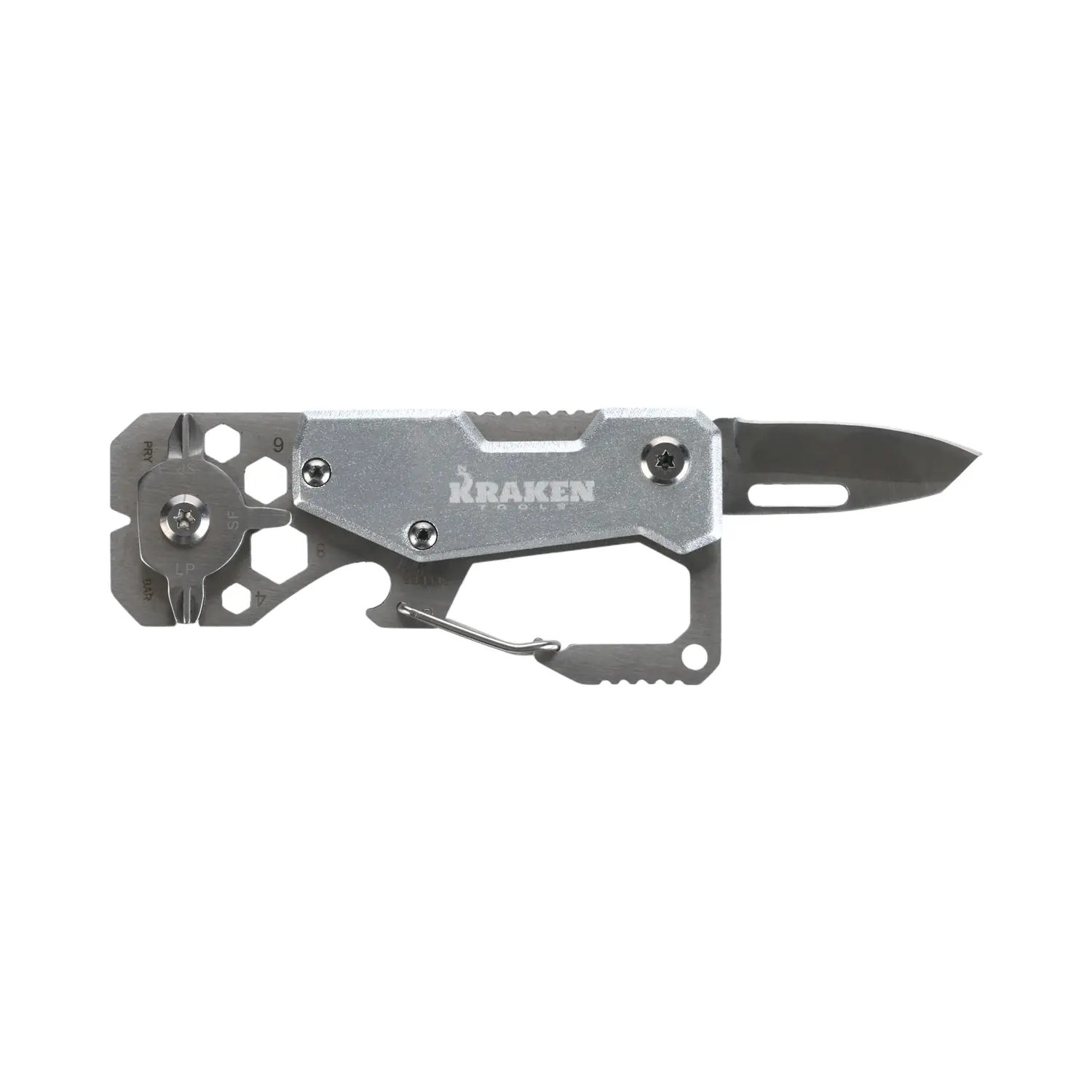 Kraken Tools 10-in-1 Stainless Steel EDC Multi-tool with Carabiner, side view with fully open knife.