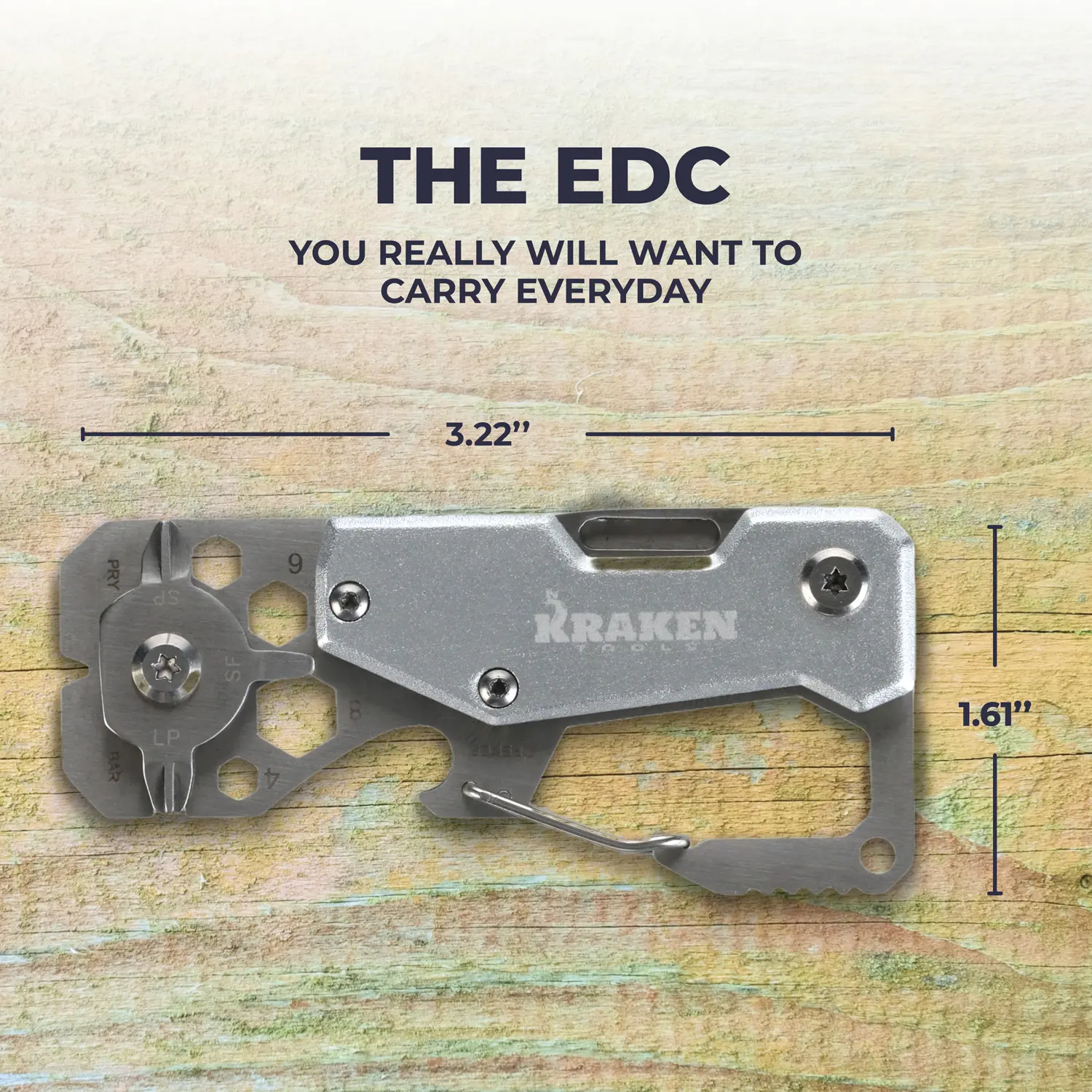 Kraken Tools 10-in-1 Stainless Steel EDC Multi-tool with Carabiner measurements, 3.22"x1.61"