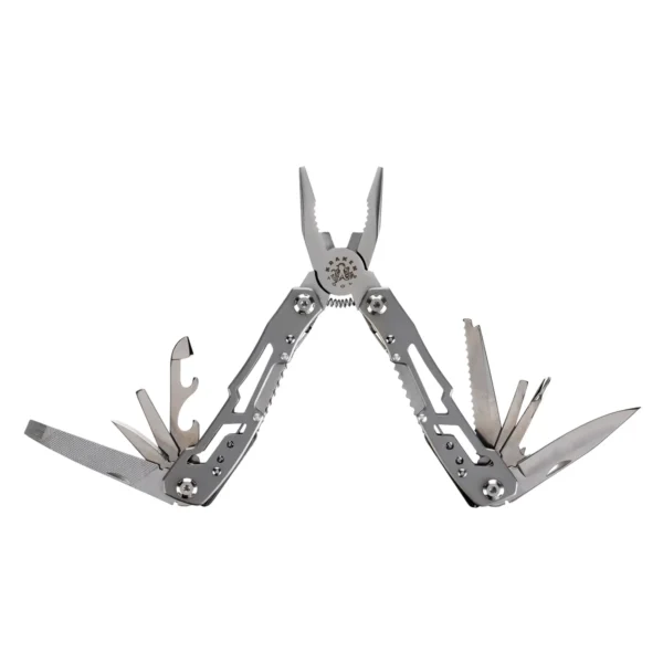 Kraken Tools 14-in-1 Stainless Steel Multi-tool fully open to show all tools.